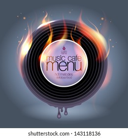 Music cafe menu card design with burning melting vinyl, vector illustration
