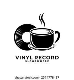 Music cafe record logo. Disc Vinyl with Coffee cup logo template. Vinyl record logo design vector.