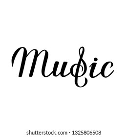 Music calligraphy hand lettering isolated on  white. Karaoke bar sign. Musical shop or record studio logo. Treble clef symbol. Vector illustration. Easy to edit element of design.