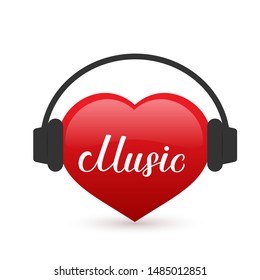 Music calligraphy hand lettering written on a red heart with headphones. Karaoke bar sign. Easy to edit vector template for Musical shop or record studio logo, banner, poster, flyer, sticker, t-shirt.