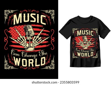 Music can change the world Rockstar Music's colorful typography Vector t-shirt design with doodle style illustration