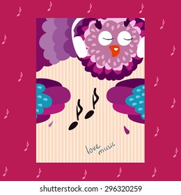 Music card with happy violet owl, white headphones and notes, dreamy cartoon animal, hand drawn bird.