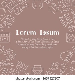 Music - card with text and vector outline illustrations of sound equipment for graphic design
