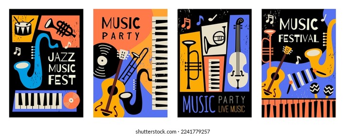 Music cards. Posters invitation for musical event recent vector templates with musicians instruments