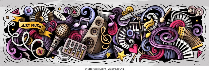 Music cartoon doodles illustration. Musical funny objects and elements poster design. Creative art background. Colorful vector banner