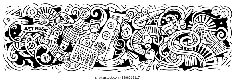 Music cartoon doodles illustration. Musical funny objects and elements design. Creative art background. Sketchy vector banner