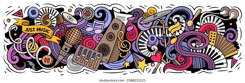 Music cartoon doodles illustration. Musical funny objects and elements poster design. Creative art background. Colorful vector banner