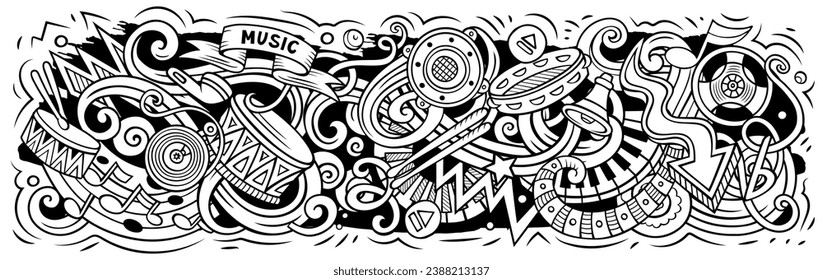 Dibujo de dibujos animados musicales. Diseño de objetos y elementos divertidos musicales. Fondo de arte creativo. Banner de vector esquemático