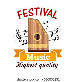 Music cartoon sign of isolated folk stringed musical instrument zither with note and treble clef on stave, adorned by ribbon banner. Ethnic music festival, musical instrument theme design