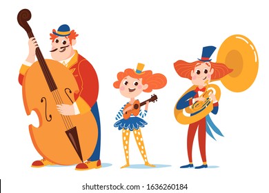 Music cartoon vector characters play jazz music. Double bass player, gutar player and tuba player. 