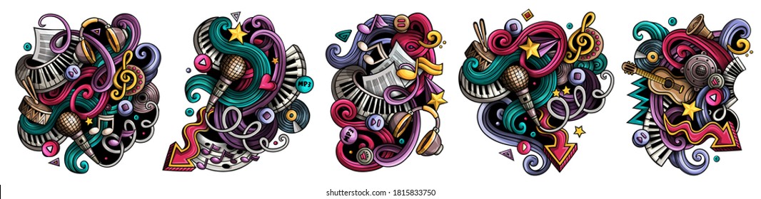 Music cartoon vector doodle designs set  Colorful detailed compositions and lot musical objects   symbols  Isolated white illustrations