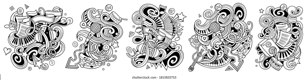 Music cartoon vector doodle designs set. Sketchy detailed compositions with lot of musical objects and symbols. Isolated on white illustrations