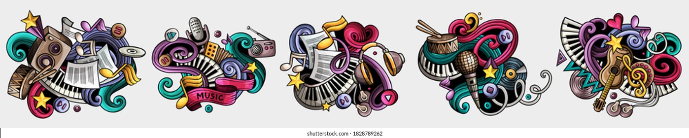 Music cartoon vector doodle designs set. Colorful detailed compositions with lot of musical objects and symbols. Isolated on white illustrations