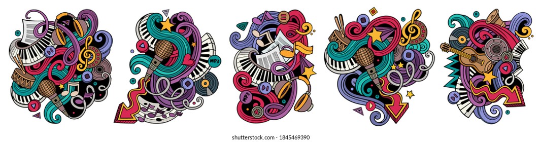 Music cartoon vector doodle designs set. Colorful detailed compositions with lot of musical objects and symbols. Isolated on white illustrations