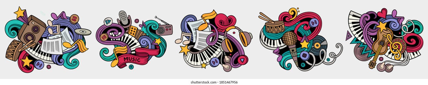 Music cartoon vector doodle designs set. Colorful detailed compositions with lot of musical objects and symbols. Isolated on white illustrations