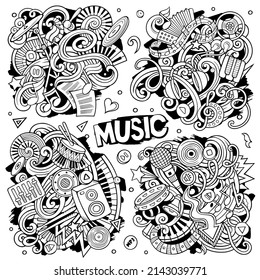 Music cartoon vector doodle designs set. Sketchy detailed compositions with lot of musical objects and symbols. All items are separate