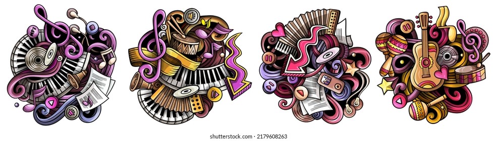 Music cartoon vector doodle designs set. Colorful detailed compositions with lot of musical objects and symbols. Isolated on white illustrations