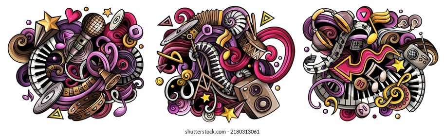 Music cartoon vector doodle designs set. Colorful detailed compositions with lot of musical objects and symbols. Isolated on white illustrations