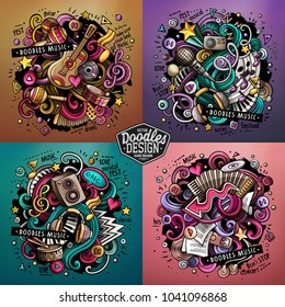 Music cartoon vector doodle illustration. Colorful detailed designs with lot of objects and symbols. 4 composition set. All elements separate