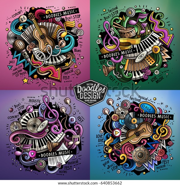 Music cartoon vector doodle illustration.\
Colorful detailed designs with lot of objects and symbols. 4\
composition set. All elements\
separate