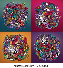 Music cartoon vector hand drawn doodle illustration. Colorful detailed designs with lot of objects and symbols. 4 square composition backgrounds set