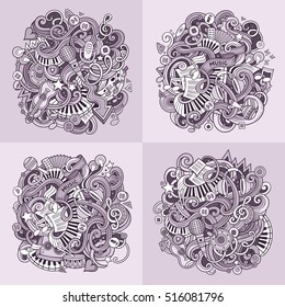 Music cartoon vector hand drawn doodle illustration. Line art detailed designs with lot of objects and symbols. 4 square composition backgrounds set