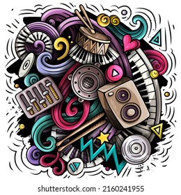 Music cartoon vector illustration. Colorful detailed composition with lot of Musical objects and symbols. All items are separate