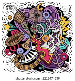 Music cartoon vector illustration. Colorful detailed composition with lot of Musical objects and symbols. All items are separate