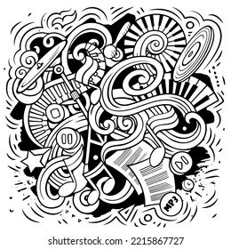 Music cartoon vector illustration. Sketchy detailed composition with lot of Musical objects and symbols. All items are separate