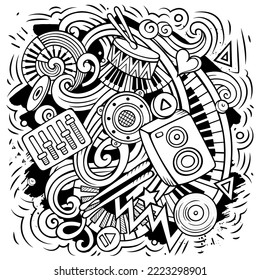 Music cartoon vector illustration. Sketchy detailed composition with lot of Musical objects and symbols. All items are separate
