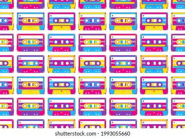 Music cassette background. Audio tape seamless pattern. Texture for fabric, wallpaper, decorative print