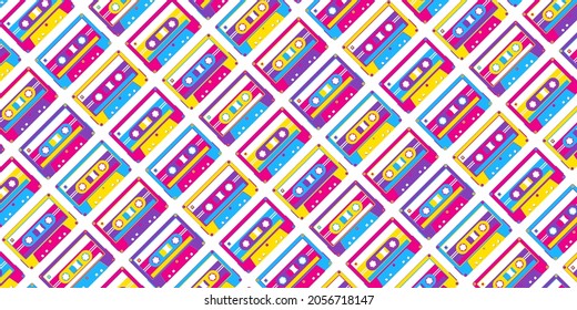 Music cassette background. Audio tape horizontal banner, wallpaper, decorative print