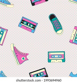 Music cassette and boots background, seamless pattern. Texture for fabric, wallpaper, decorative print