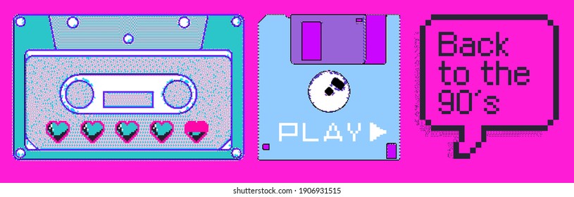 Cinta de música y disquete en forma de píxel de 8 bits. Estética de vaporwave y retrowave.