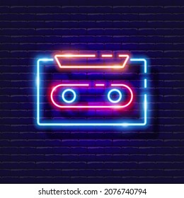 Music cassette neon icon. Music glowing sign. Music concept. Vector illustration for Sound recording studio design, advertising, signboards, vocal studio.