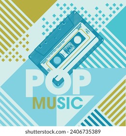 A music cassette on the background of stripes and the inscription Pop music. A great poster to decorate a music studio or a music lover's room.