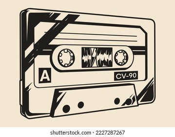Grabador de cinta de audio compacto monocromo de emblema vintage de cassette de música para reproducción en equipos de ilustración vectorial de 70-90