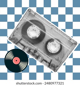 Music cassette with vinyl in retro style. Design for social media, blog, post, template and etc
