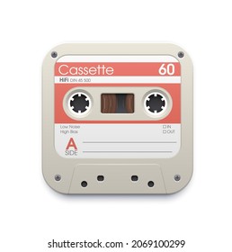 Music cassette web app interface vector icon with retro audio cassette tape or analog magnetic tape. 3d cassette with white red label isolated application icon of music player or recorder. UI design