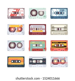 Music cassettes. Electronics audio player mixtape 80s technologies stereo record radio vector flat pictures