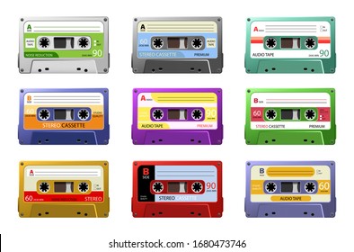 Music cassettes. Retro dj sound tape, 1980s rave party stereo mix, old school record technology. Web graphics, banners, advertisements, stickers