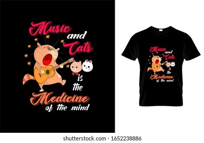 Music and cat is the medicine- Cat T-shirt.Vector illustration.Cat graphics Can be used for T-shirts print, children wear, Baby shower celebration, greetings,  card and poster.Cat label. logo.
