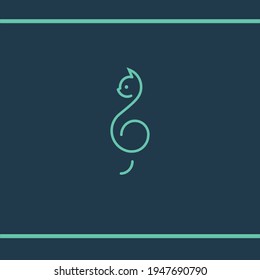 Music and cat. Treble clef in the form of a cat. Minimalist line art style. Logo design template.