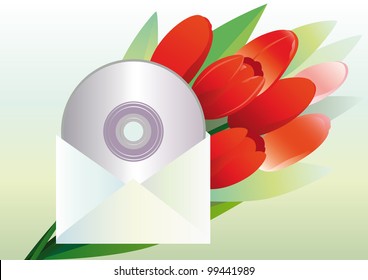 Music CD in an envelope and a bouquet of red tulips as a gift.