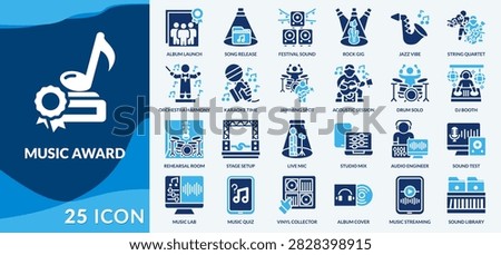 Music celebration collection featuring awards, performances, festivals, albums, artists, recording, entertainment, and audience events Fill web set Icon Style