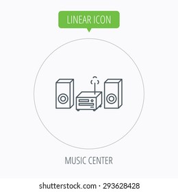 Music center icon. Stereo system sign. Linear outline circle button. Vector