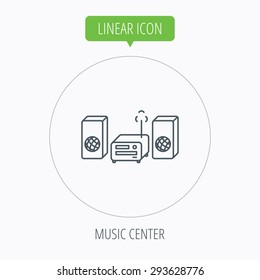 Music center icon. Stereo system sign. Linear outline circle button. Vector