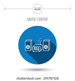 Music center icon. Stereo system sign. Blue flat circle button. Linear icon with shadow. Vector