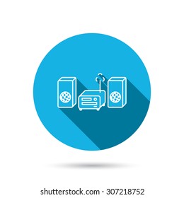 Music center icon. Stereo system sign. Blue flat circle button with shadow. Vector