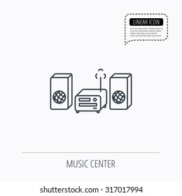 Music center icon. Stereo system sign. Linear outline icon. Speech bubble of dotted line. Vector